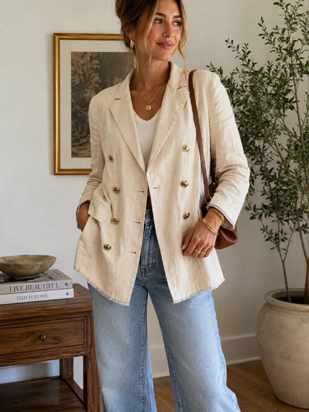 Marella Linen Blend Double Breasted Blazer Ivory Size 12 Italian Chic